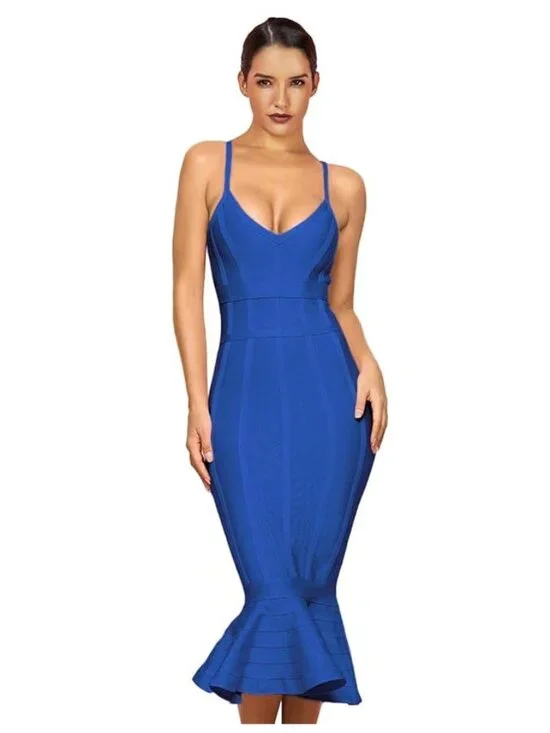 Maketina Mermaid Dress Women's M Blue Spaghetti Strap V-Neck Midi Cocktail Banda - Picture 1 of 9